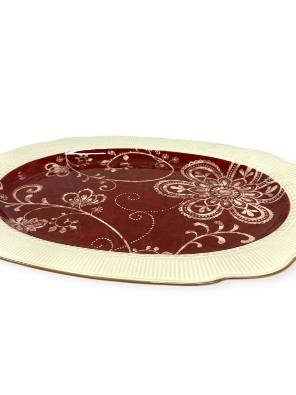 Pier 1 Imports Maribeth 18” Oval Serving Platter Burgundy Cream Ironstone